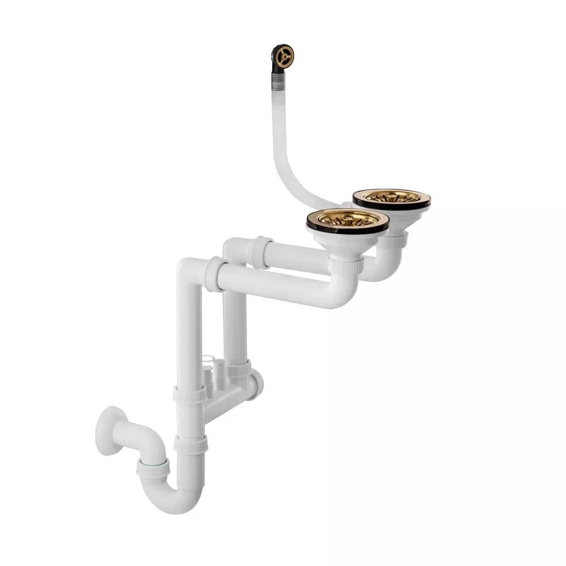 Siphon manuel double pour évier 2 bacs, coloris Or, vue produit