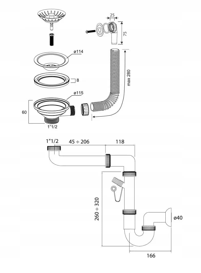 Siphon manuel pour évier 1 bac, 5 coloris, coloris Gris installé en cuisine
