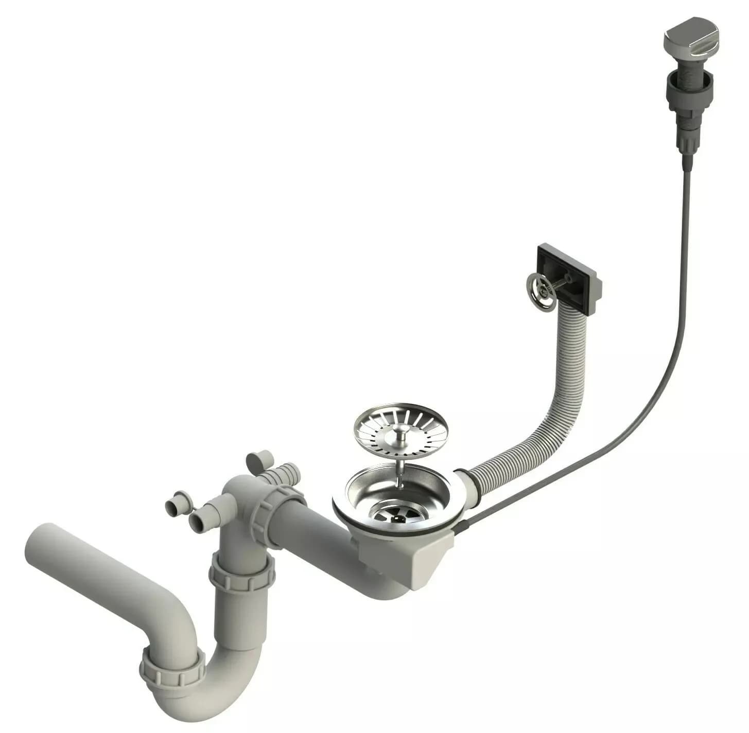 Siphon d'évier de cuisine 1 bac avec commande et 2 piquages