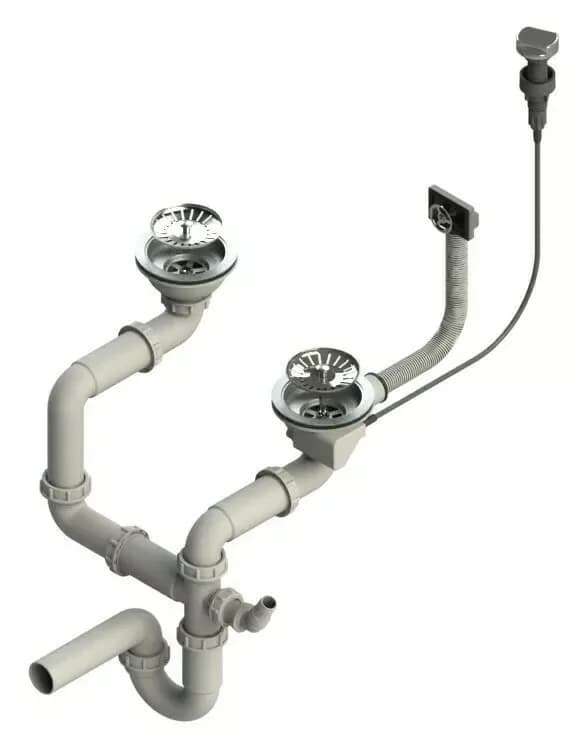 Siphon double pour évier 2 bacs, commande rotative