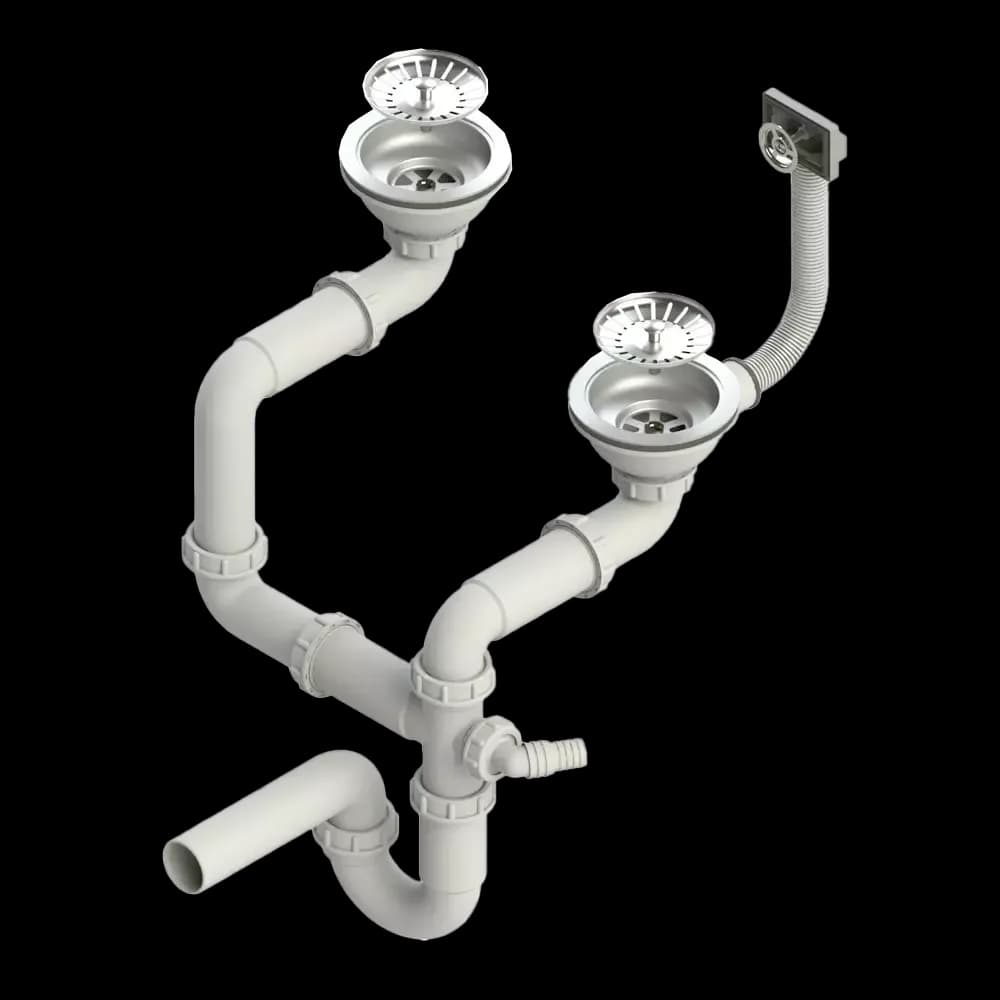 Siphon manuel double pour évier 2 bacs, coloris Chrome, vue produit