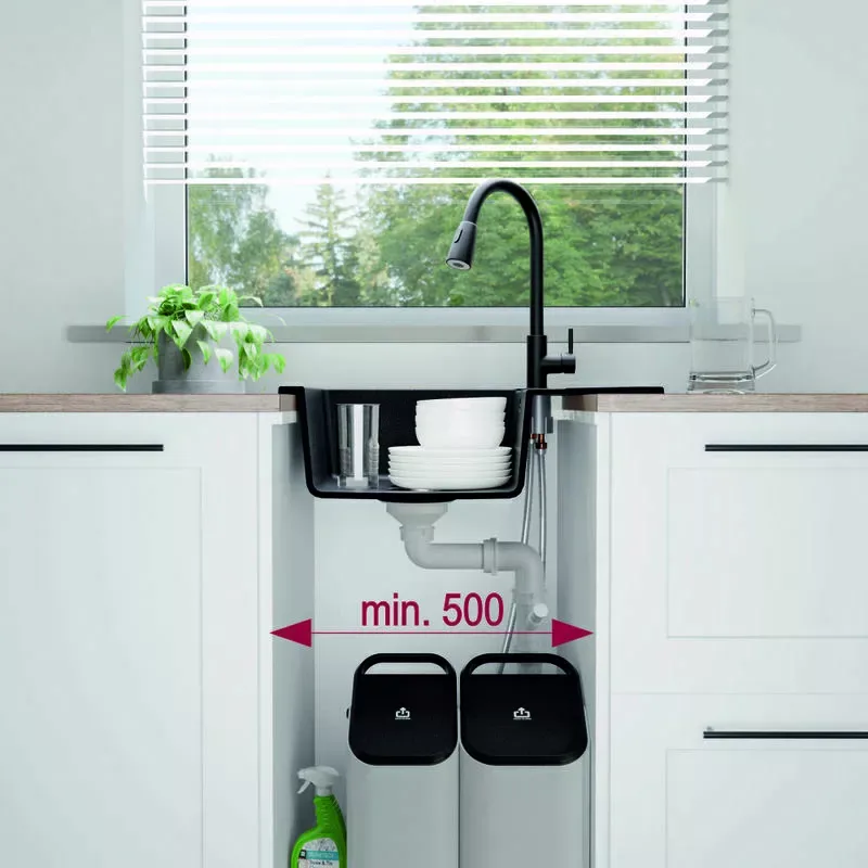 Schéma d'implantation : meuble de 50 cm minimum sous l'évier d'angle Altair