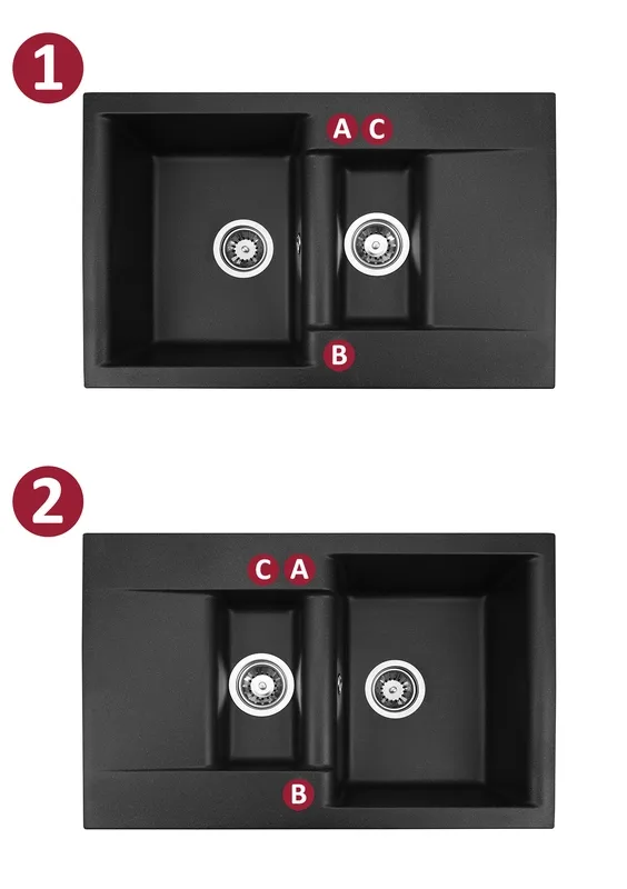 Positions de perçage A-B-C de l'évier Estein, dans les deux sens de pose