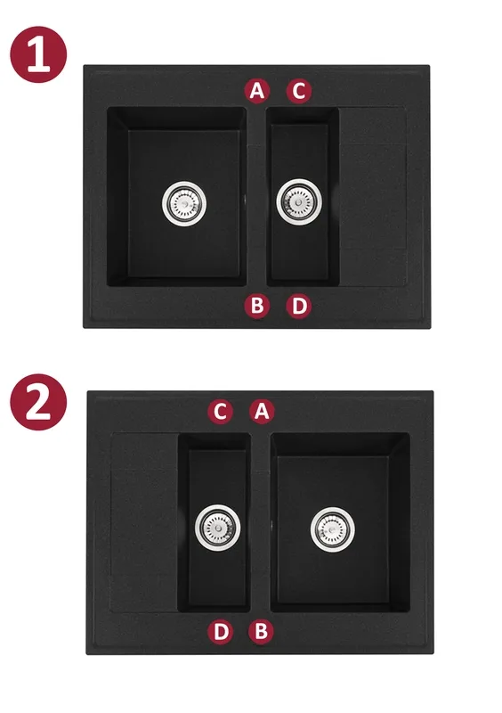 Positions de perçage A-B-C-D de l'évier Grande, dans les deux sens de pose