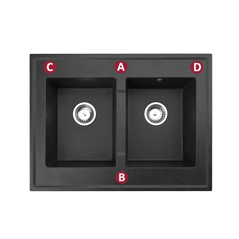 Schéma des positions de perçage A, B, C et D sur l'évier Grande deux bacs